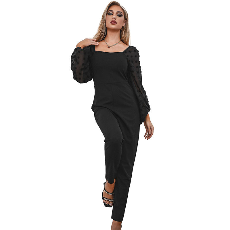 Stitching Slim Long Sleeve Black Jumpsuit