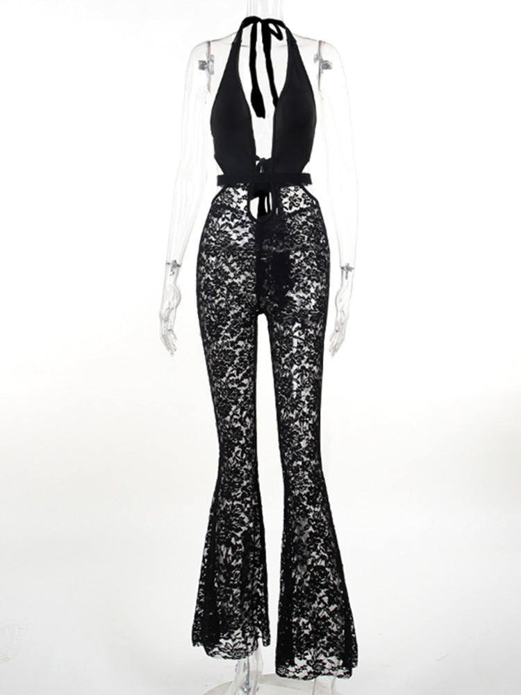 Halter Push up Hollow Out Cutout Lace See through Micro Pull One Piece Trousers