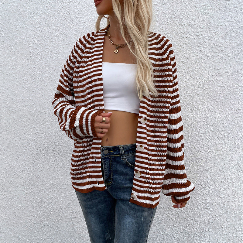 Casual Button Knitted Cardigan Striped V Neck Lantern Sleeve Sweater