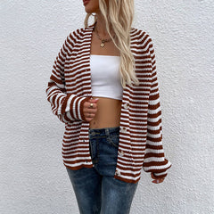 Casual Button Knitted Cardigan Striped V Neck Lantern Sleeve Sweater