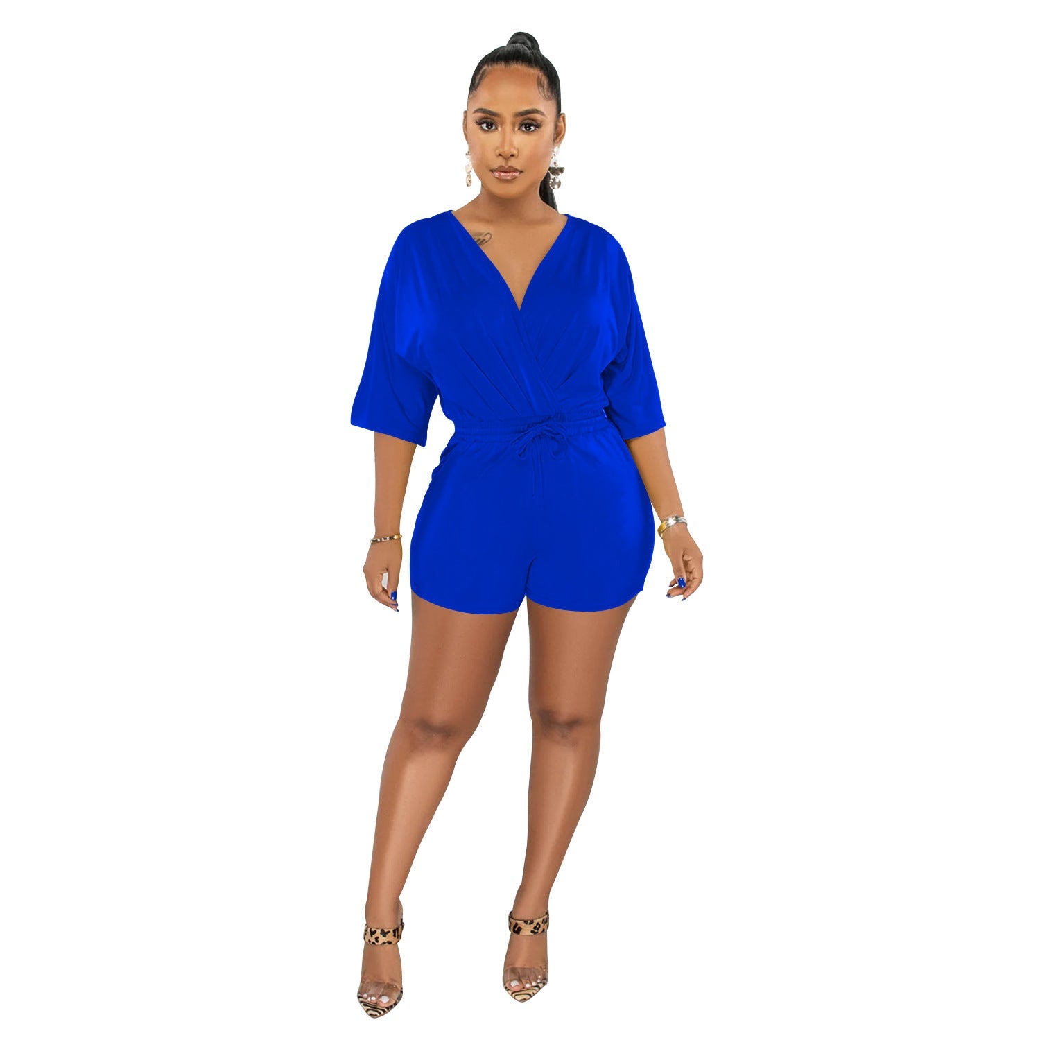 Wear Solid Color Tied V Neck Half Sleeves Shorts Jumpsuit
