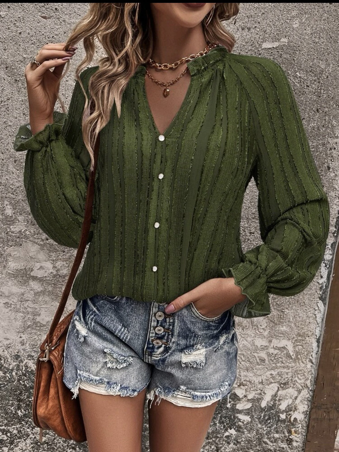 Shirt Half Open Collar Ruffle Sleeve Chiffon Striped Elegant Top