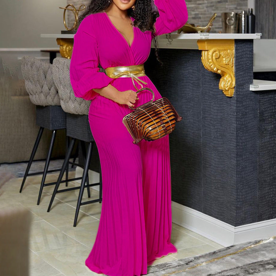 V neck Lace up Pleated Wide Leg Jumpsuit