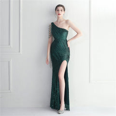 Floral Oblique Shoulder Collar Split Dinner Celebration Host Sequined Long Evening Dress