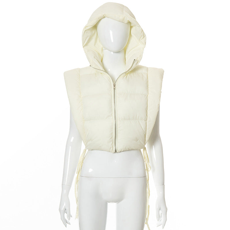 Solid Color Sleeveless Hooded Zipper Lace up Thermal Fleece Cotton Padded Coat Outerwear