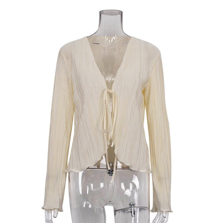 Cardigan Lace-up Slim Flared Long Sleeve Pleated Shirt French textured