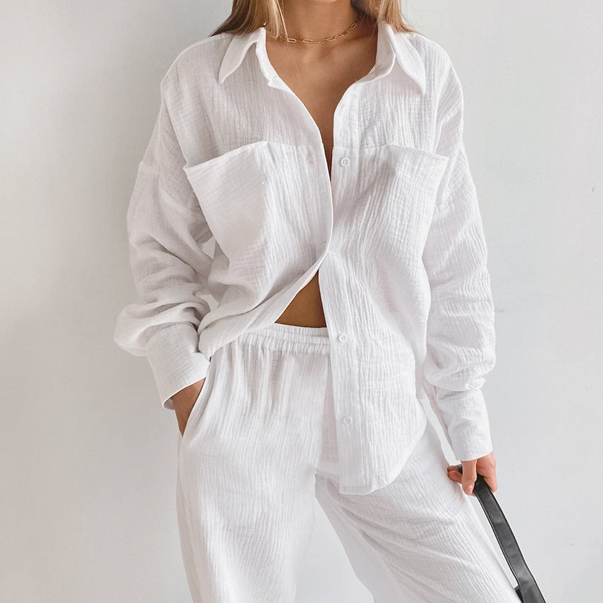 Double Layer Crepe Collared French Loose Comfortable Long Sleeve Pajamas Homewear Suit