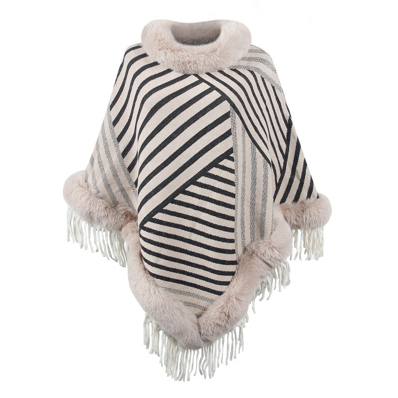 Fur Collar Pullover Tassel Knitted Cape Stripe Warm Shawl