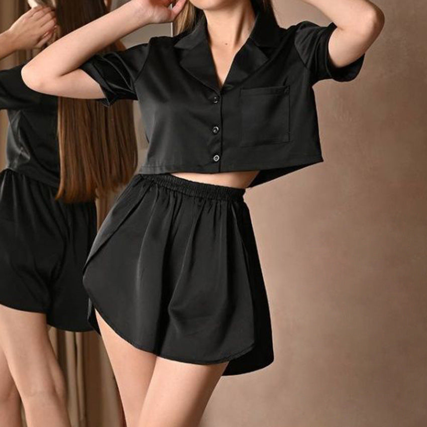 Pajamas Set Black Turn down Collar Shorts Can Be Worn outside Split Casual Homewear