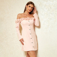 Dress Feather Stitching off Shoulder Long Sleeve Narrow Dress