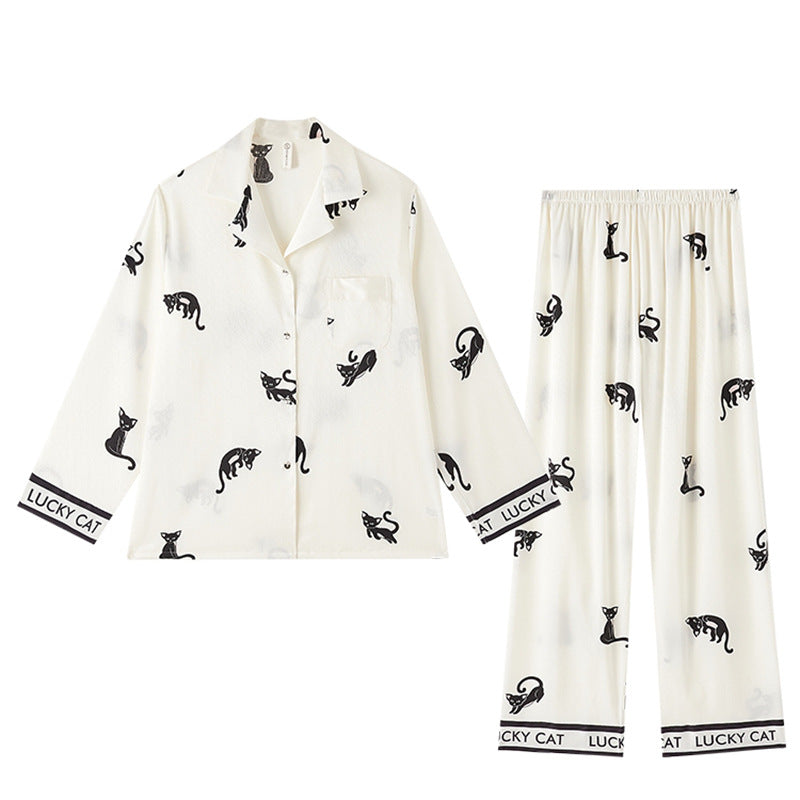 Long Sleeve Pajamas Herringbone Thread Ice Silk Pajamas Cat Homewear Can Be Worn outside