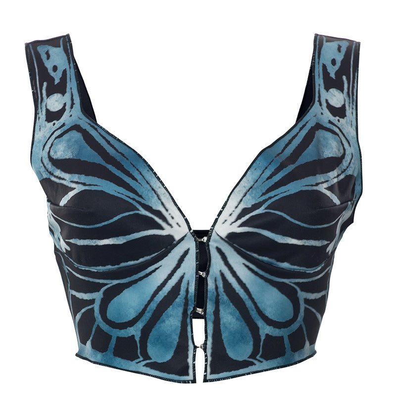 Butterfly Print Strappy Cardigan Hooks Navel-Exposed Casual Top