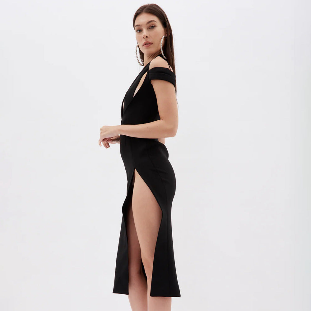 Black Hollow Out Cutout Halter Split Dress Dopamine Wear Dress