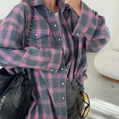Retro All Matching Collared Loose Shirt Plaid Long Sleeve Pocket Shirt