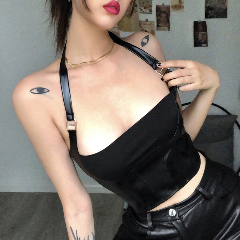 Halter Backless Base Faux Leather Slim-Fit Tank Top