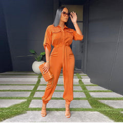 Tooling Solid Color Lace up Casual Jumpsuit