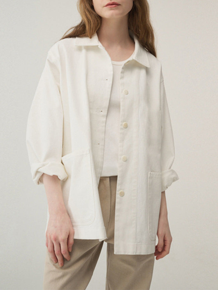 Chemise en sergé à col rabattu, manteau simple, mi-longue, en coton, niche décontractée, artistique, manches longues
