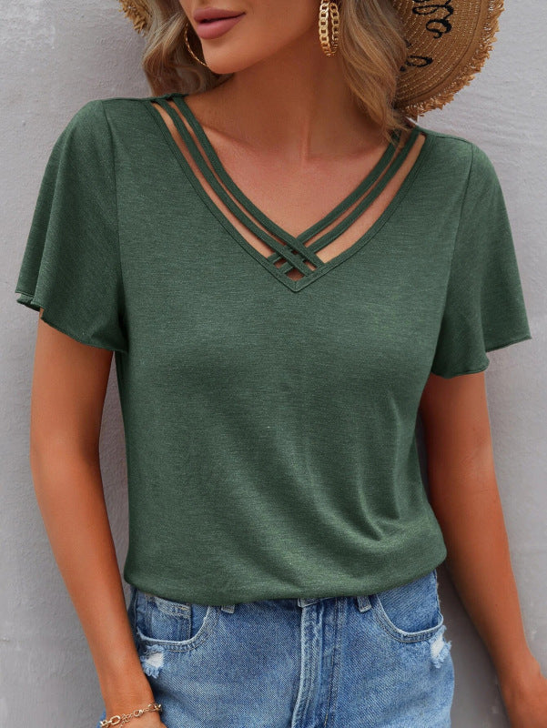 Solid Color Ruffle Sleeve Short Sleeve Top T-Shirt
