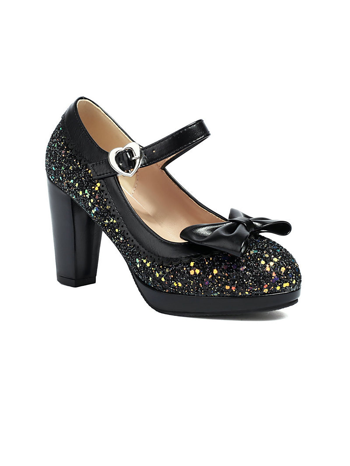 Talons hauts épais avec nœud à paillettes 
