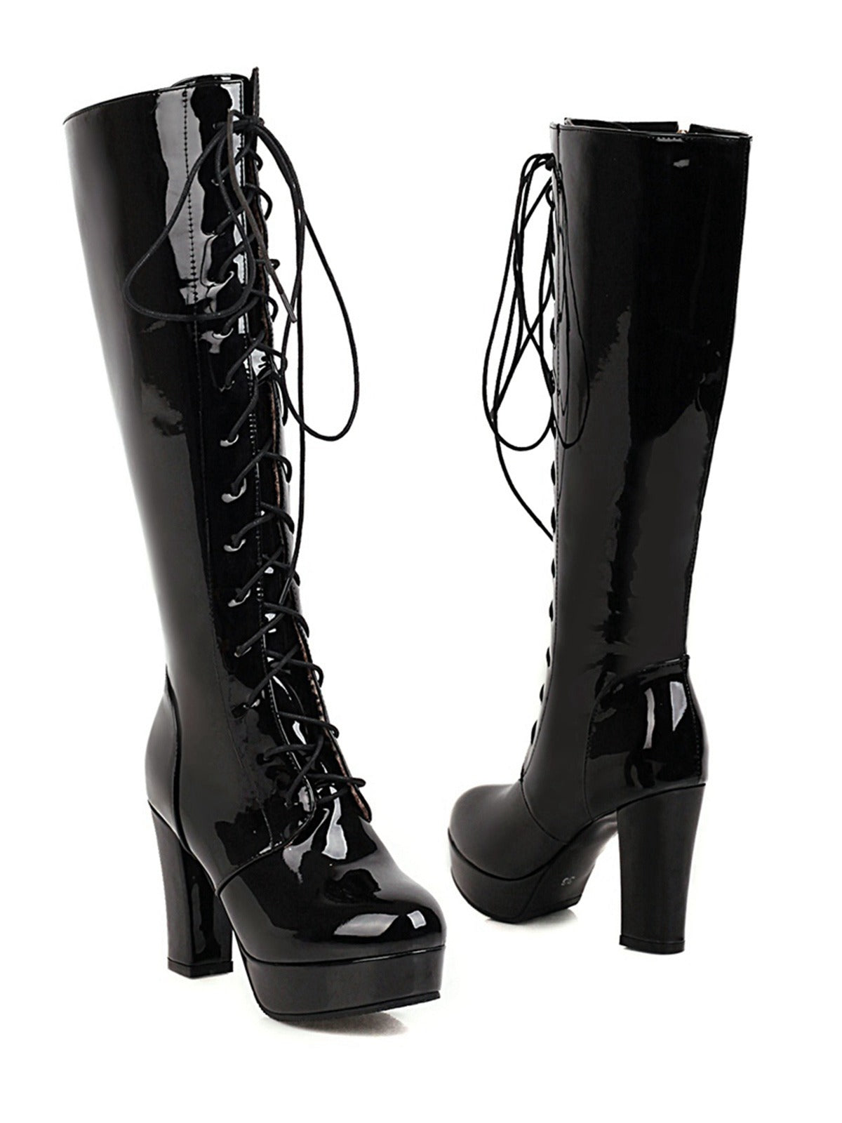 Shiny Patent Leather Lace-Up Solid High Heel Boots