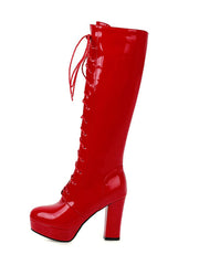 Shiny Patent Leather Lace-Up Solid High Heel Boots