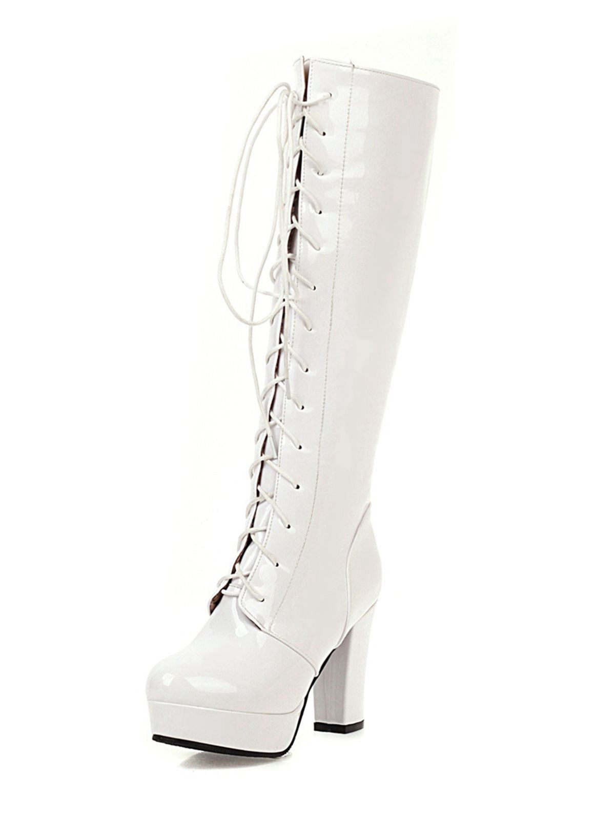 Shiny Patent Leather Lace-Up Solid High Heel Boots