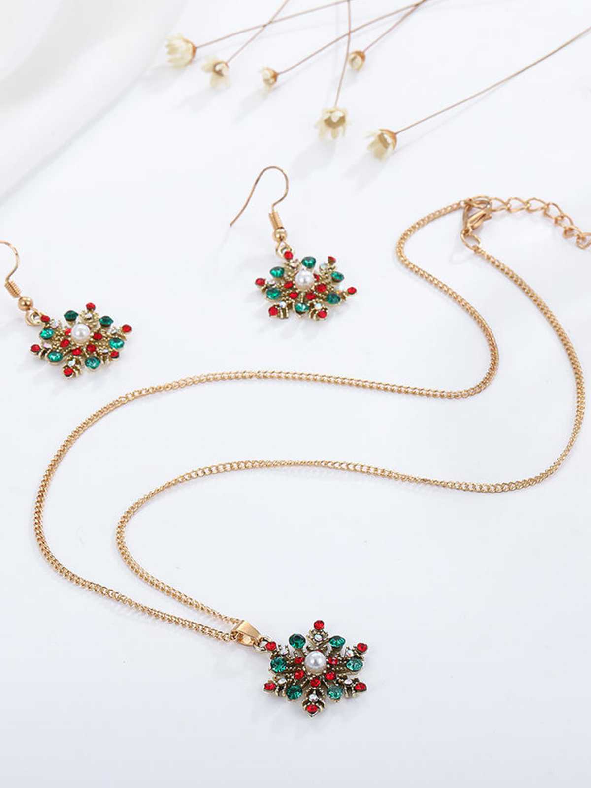 Weihnachtslegierung Diamant Schneeflocke Halskette Ohrring Set