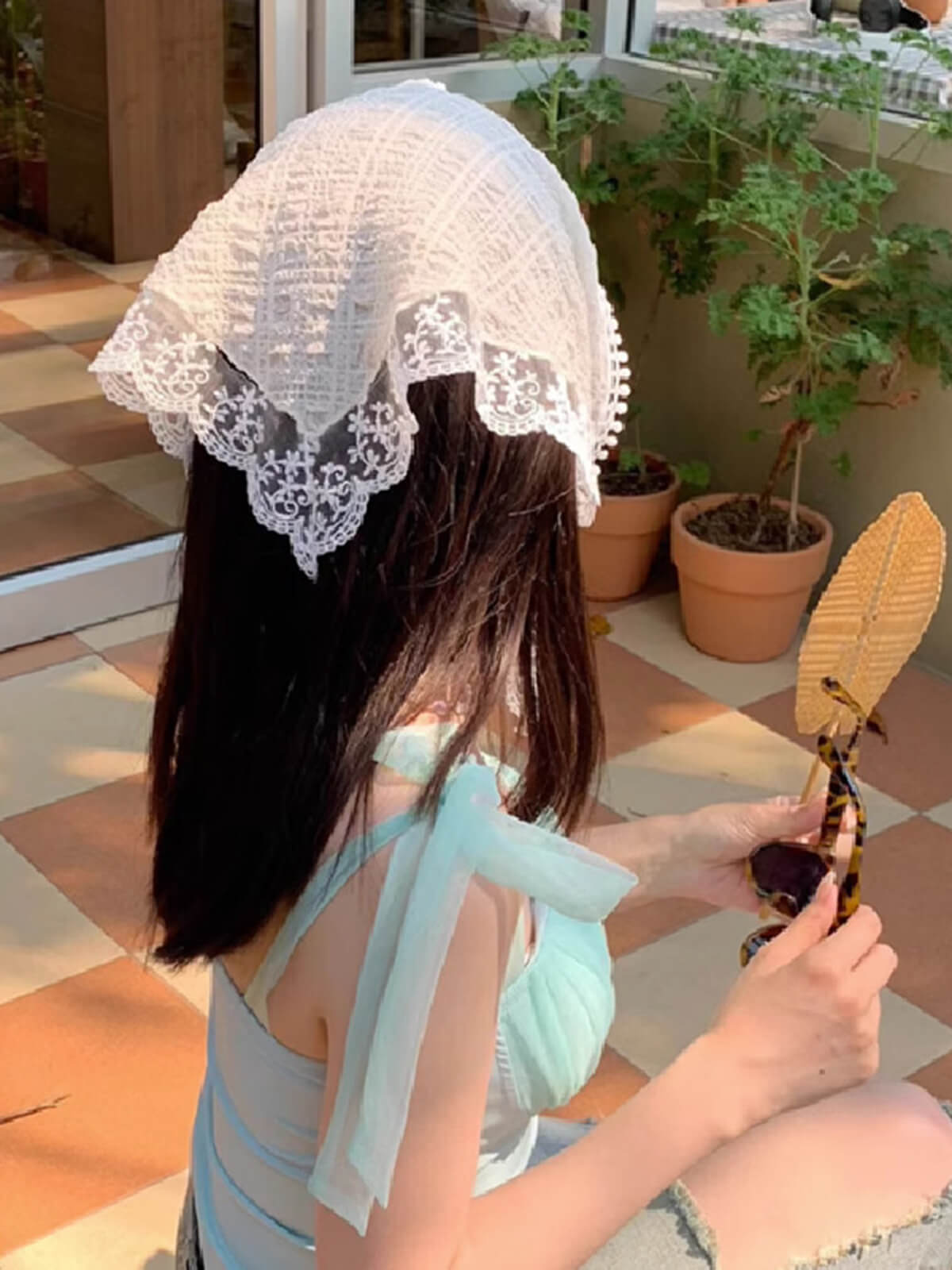 Élastique à cheveux en dentelle triangulaire rose rétro