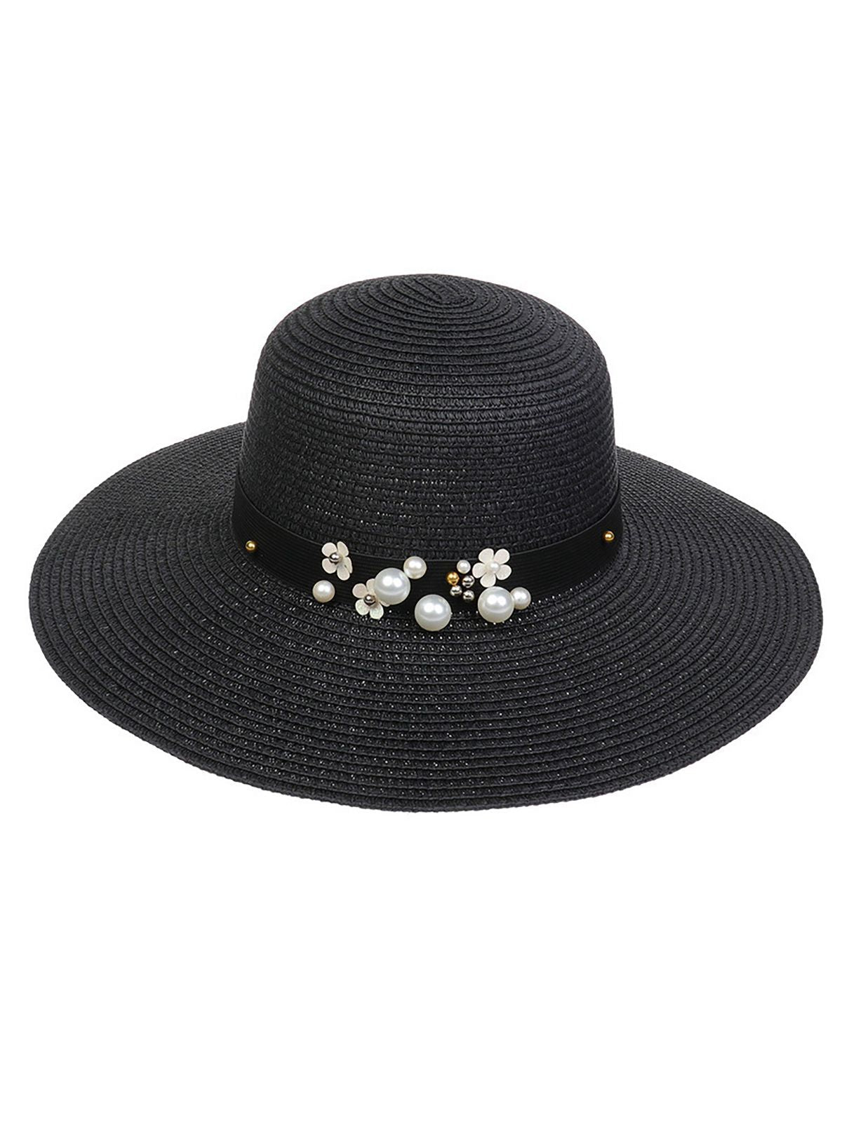 Chapeau de soleil pliable vintage à large bord avec perles 