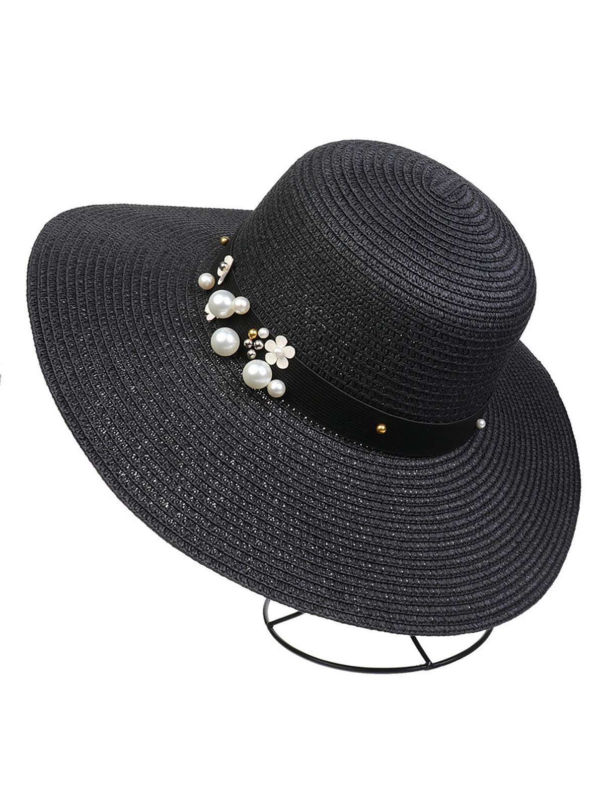 Chapeau de soleil pliable vintage à large bord avec perles 