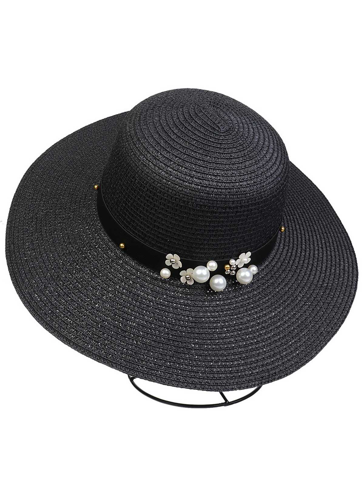 Chapeau de soleil pliable vintage à large bord avec perles 