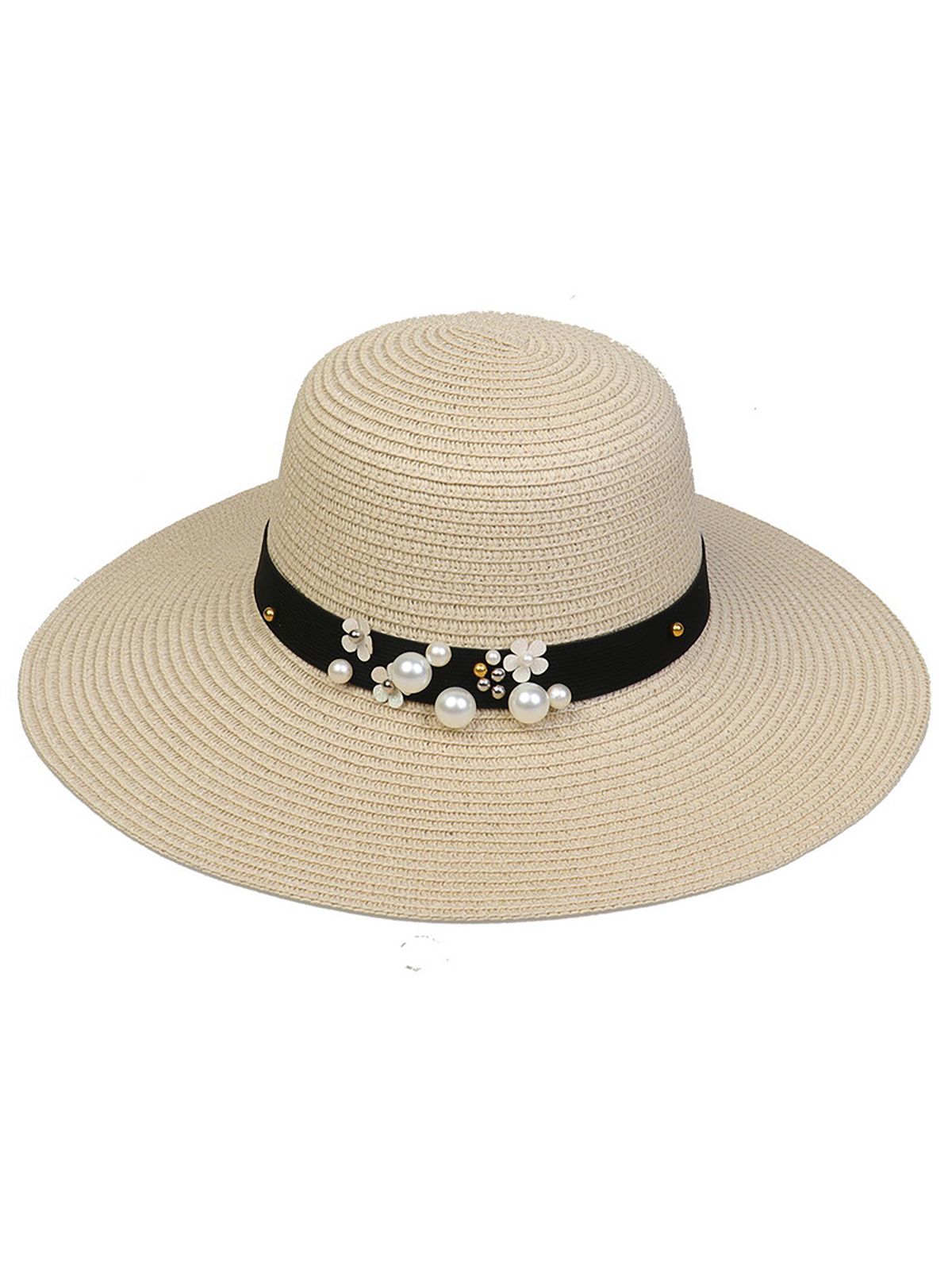 Chapeau de soleil pliable vintage à large bord avec perles 