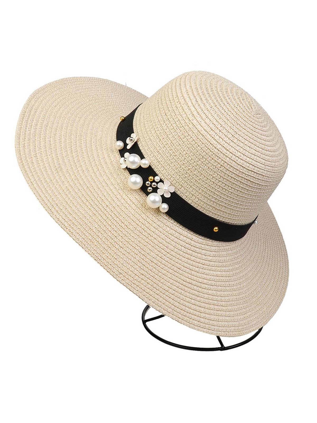 Chapeau de soleil pliable vintage à large bord avec perles 