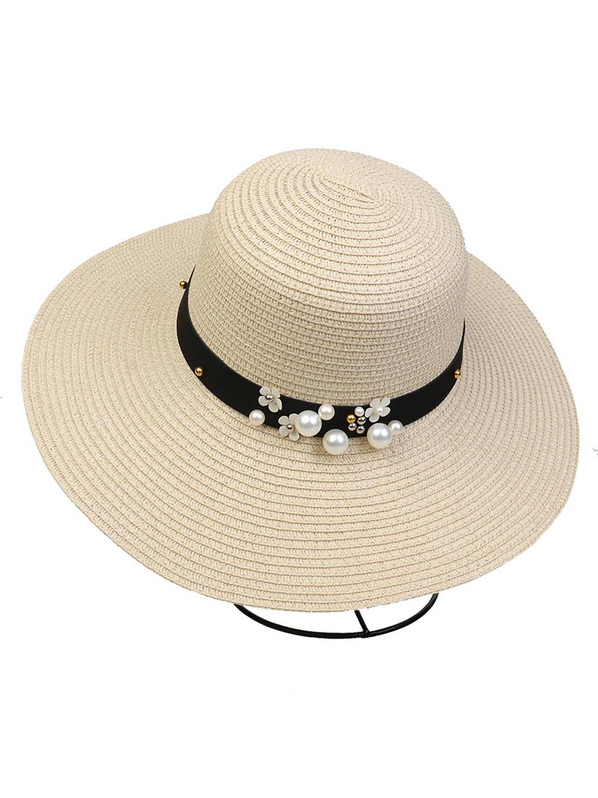 Chapeau de soleil pliable vintage à large bord avec perles 