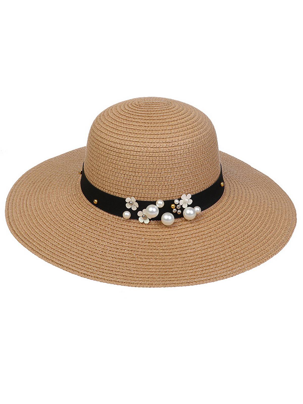 Chapeau de soleil pliable vintage à large bord avec perles 