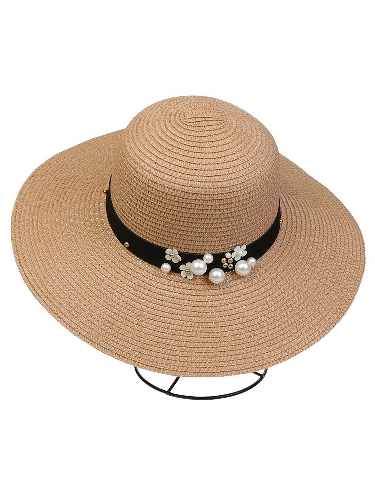Chapeau de soleil pliable vintage à large bord avec perles 