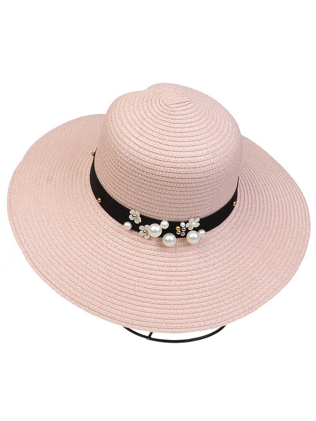Chapeau de soleil pliable vintage à large bord avec perles 