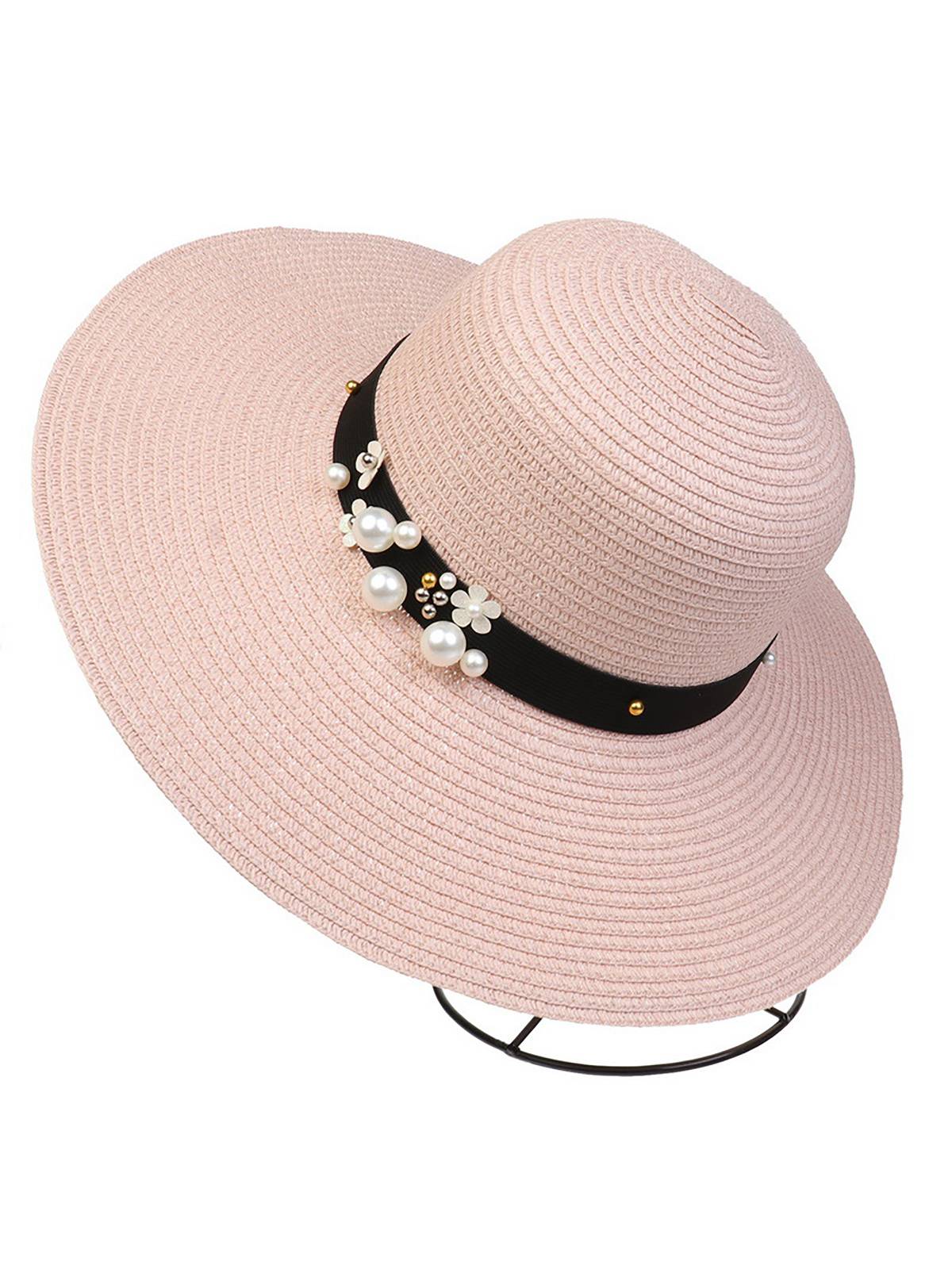 Chapeau de soleil pliable vintage à large bord avec perles 