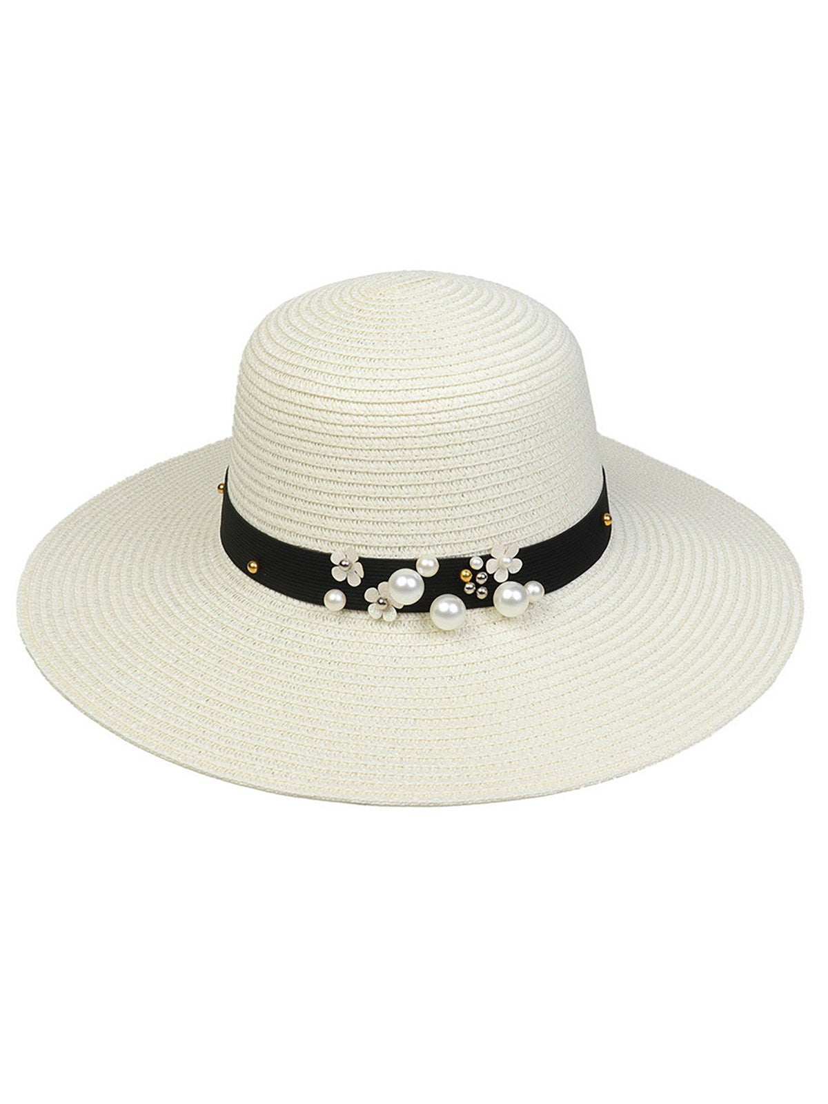 Chapeau de soleil pliable vintage à large bord avec perles 