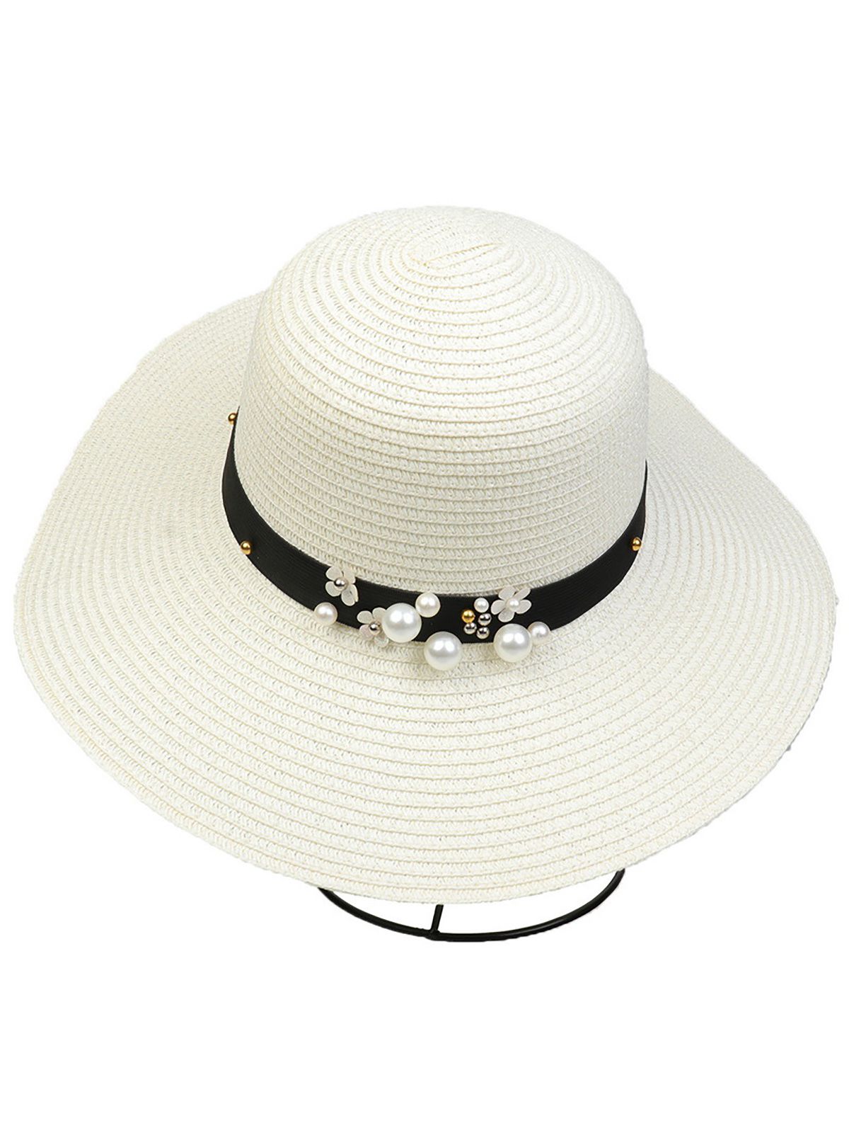 Chapeau de soleil pliable vintage à large bord avec perles 