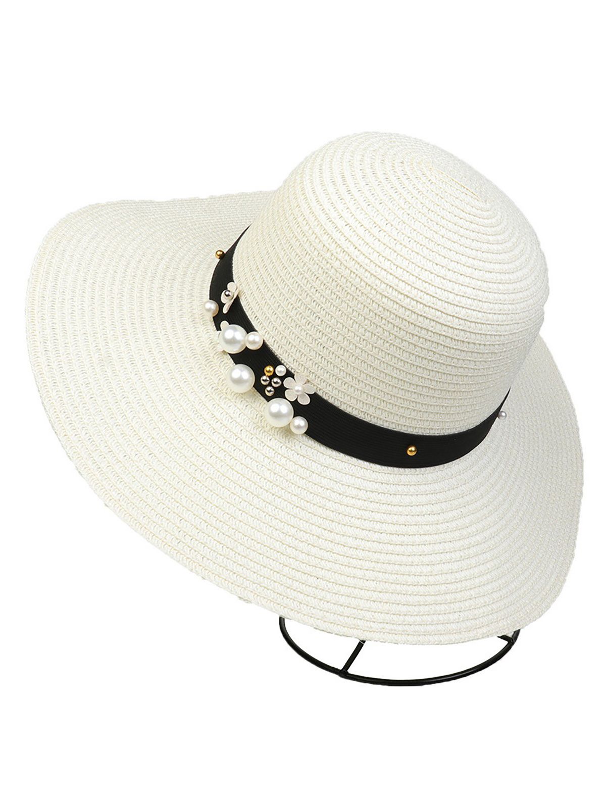 Chapeau de soleil pliable vintage à large bord avec perles 