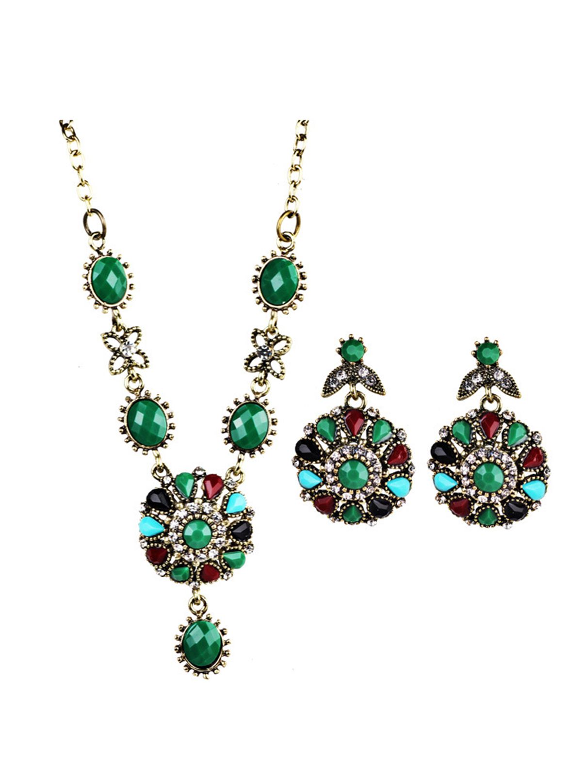 Collier et boucles d'oreilles ronds antiques en pierres précieuses et diamants