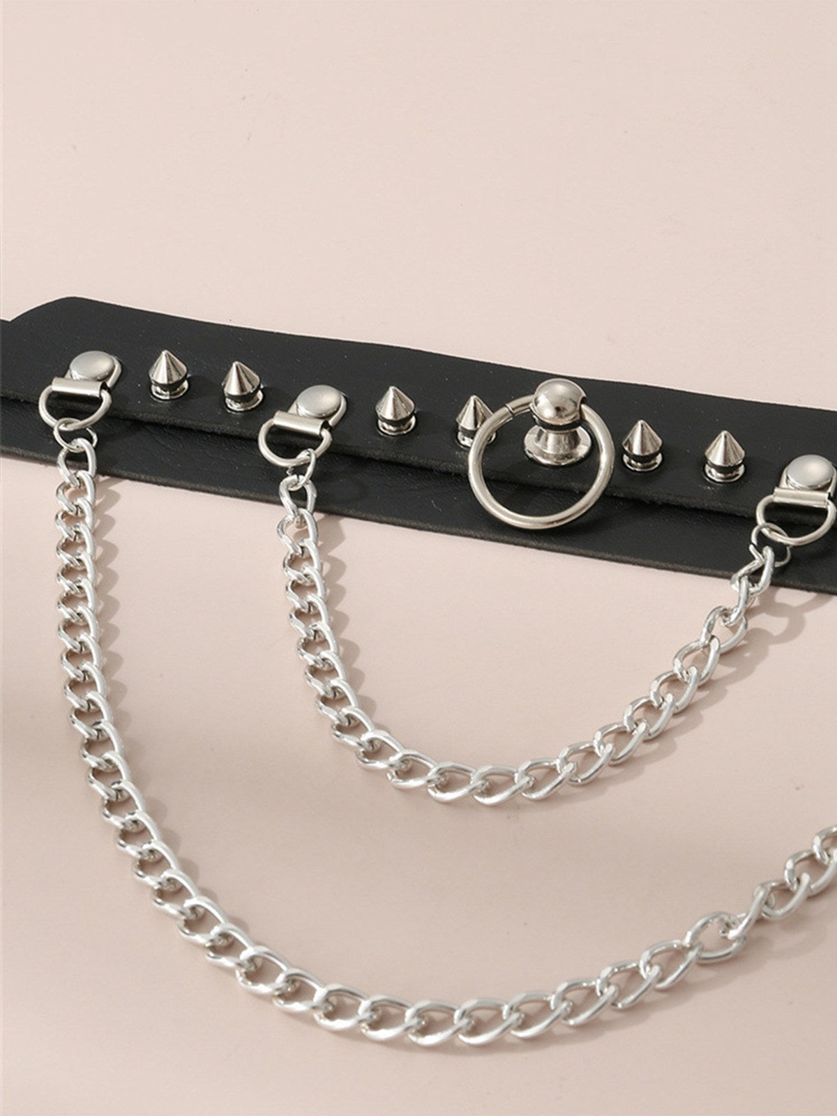 Black Leather Gothic Necklace with Spikes