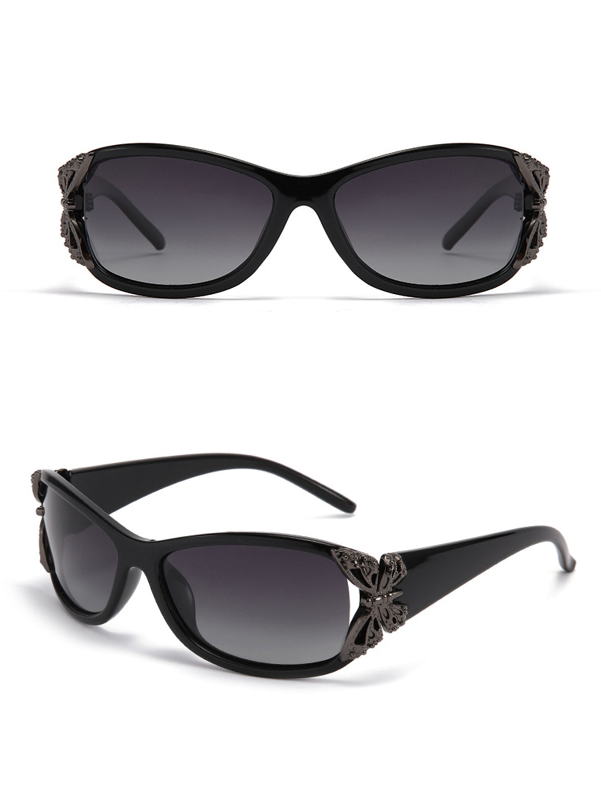 Schwarze Retro-Sonnenbrille mit Schmetterlingsdekor
