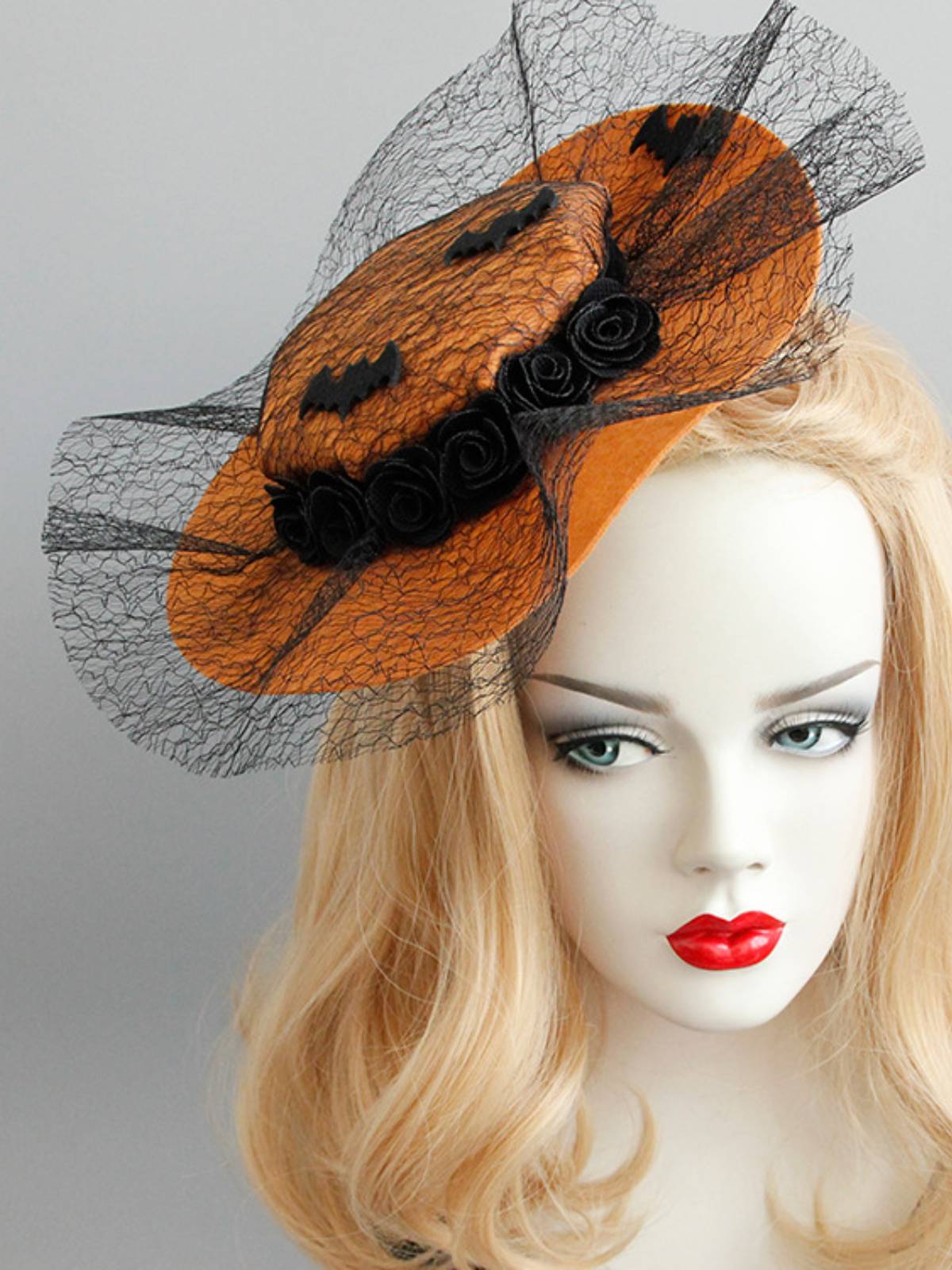 Chapeau de chauve-souris orange rétro en dentelle pour Halloween