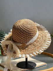 Chapeau de soleil rose pâle avec nœud en dentelle fait main