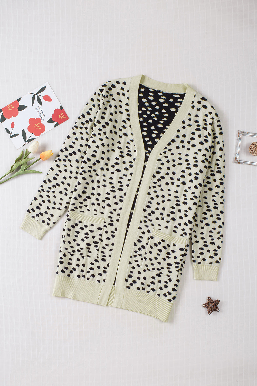 Apricot Dotted Print Open Front Knit Cardigan