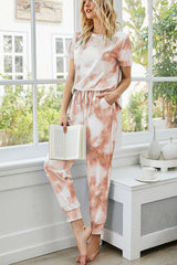 Tie-Dye Round Neck Short Sleeve Top Pants Lounge Set