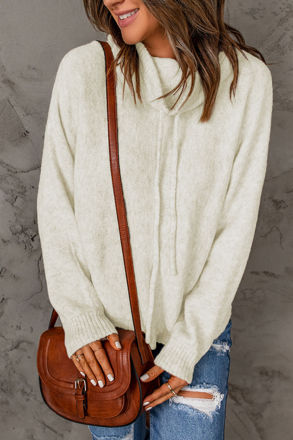 Drawstring Cowl Neck Ribbed Trim Sweater