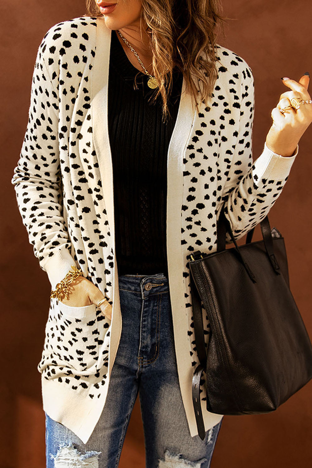 Apricot Dotted Print Open Front Knit Cardigan